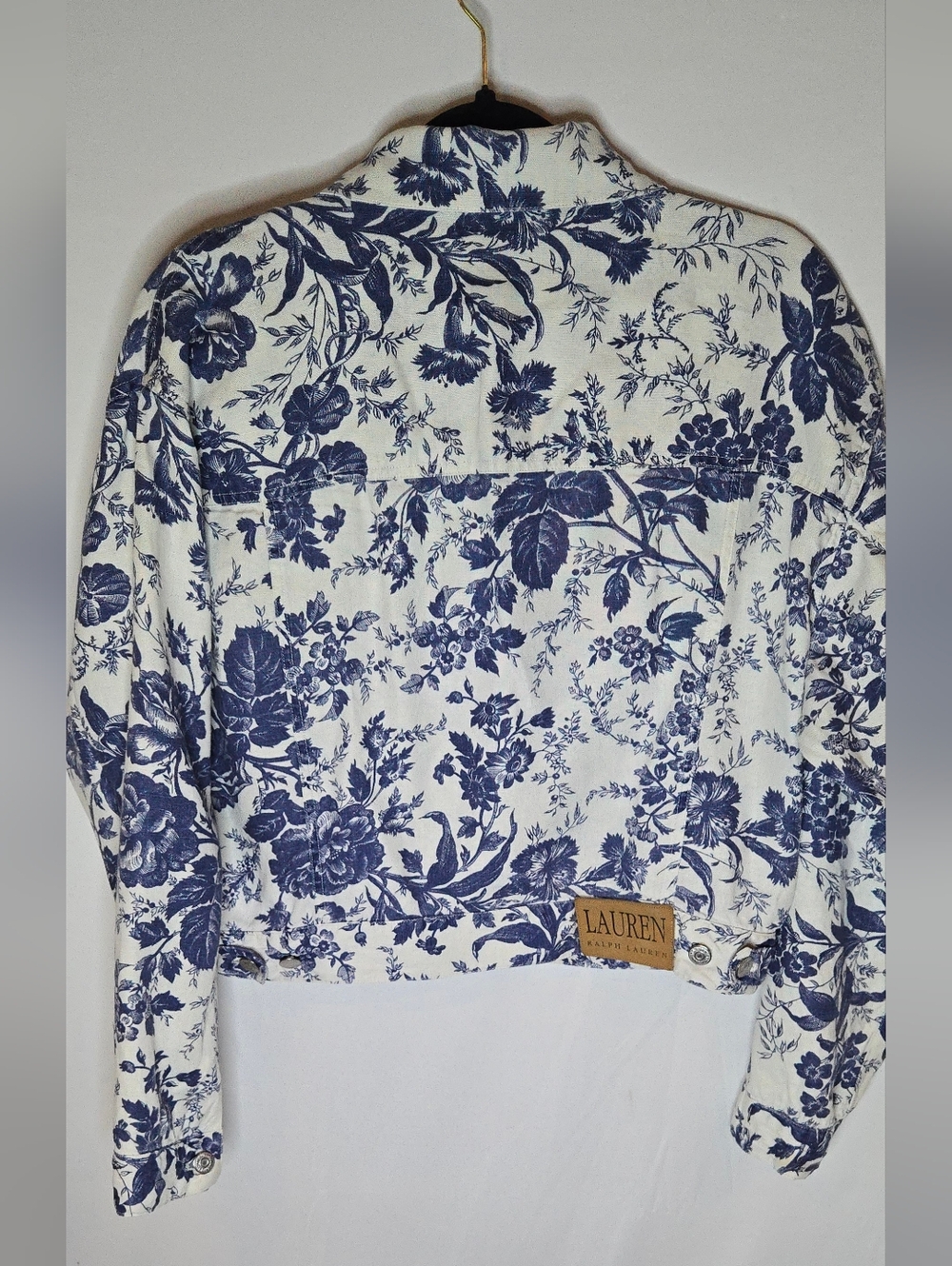 Lauren Ralph Lauren 100% Linen Lightweight White Blue Floral Crop Jacket Medium - Picture 6 of 7